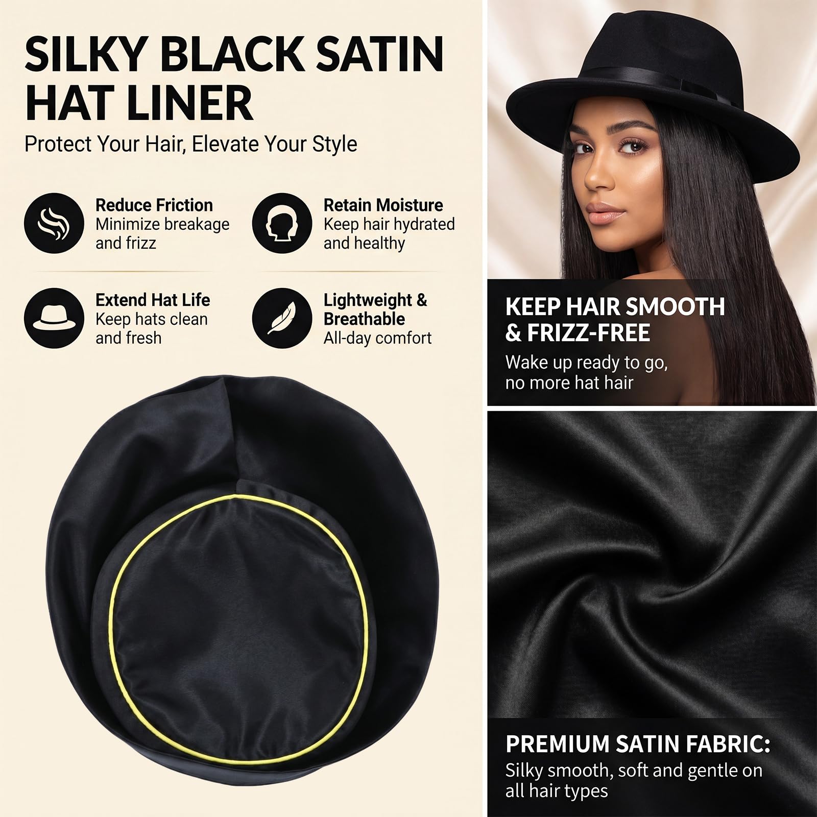 Hercicy close-up satin texture highlighting smooth surface that reduces hair friction