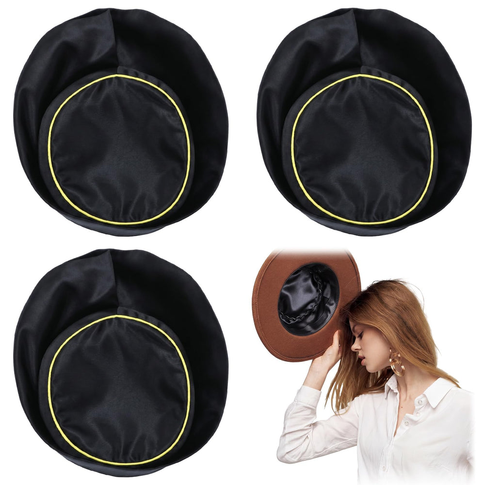 Hercicy front view of four black satin hat liners showing slim profile and fit benefit