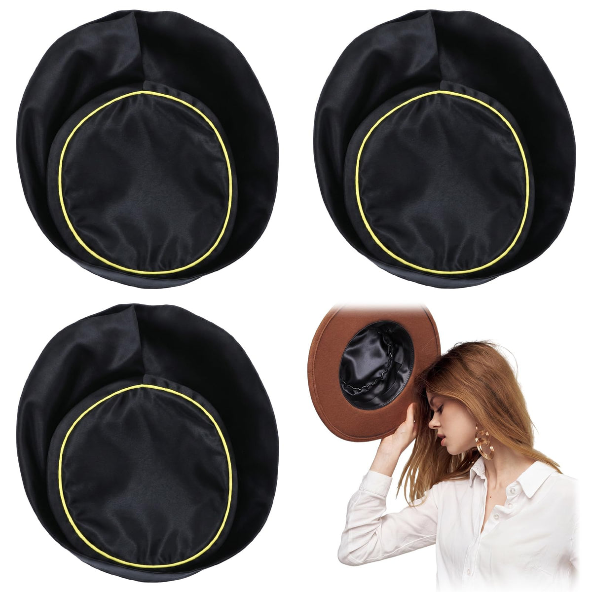 Hercicy front view of four black satin hat liners showing slim profile and fit benefit