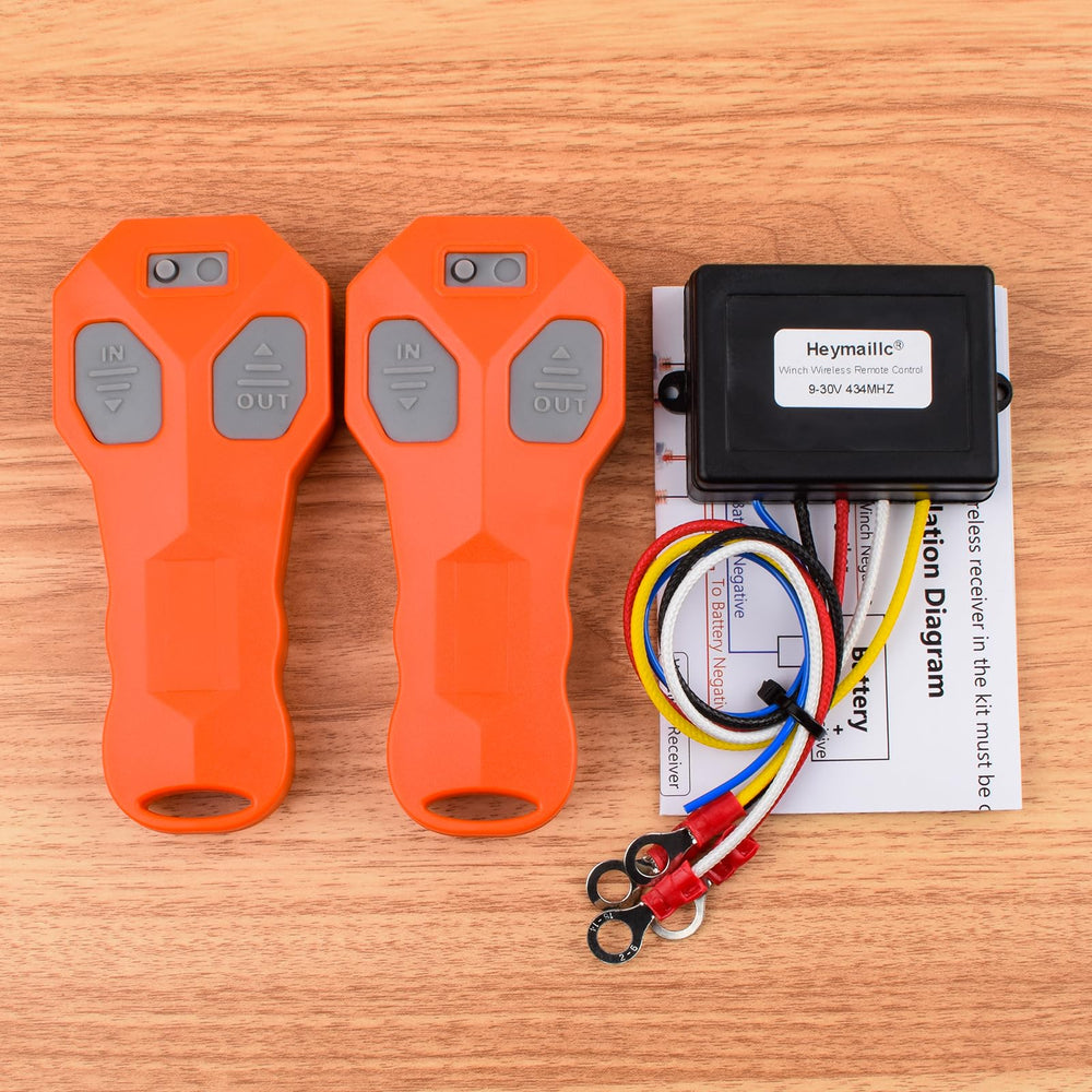 Heymaillc package contents lifted showing receiver, two remotes and manual included
