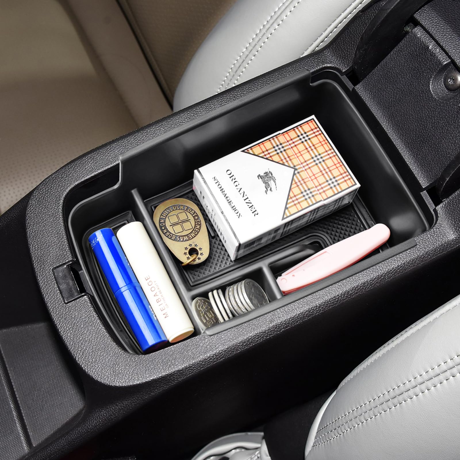 HGWEI front view of center console organizer showing tidy storage and easy access