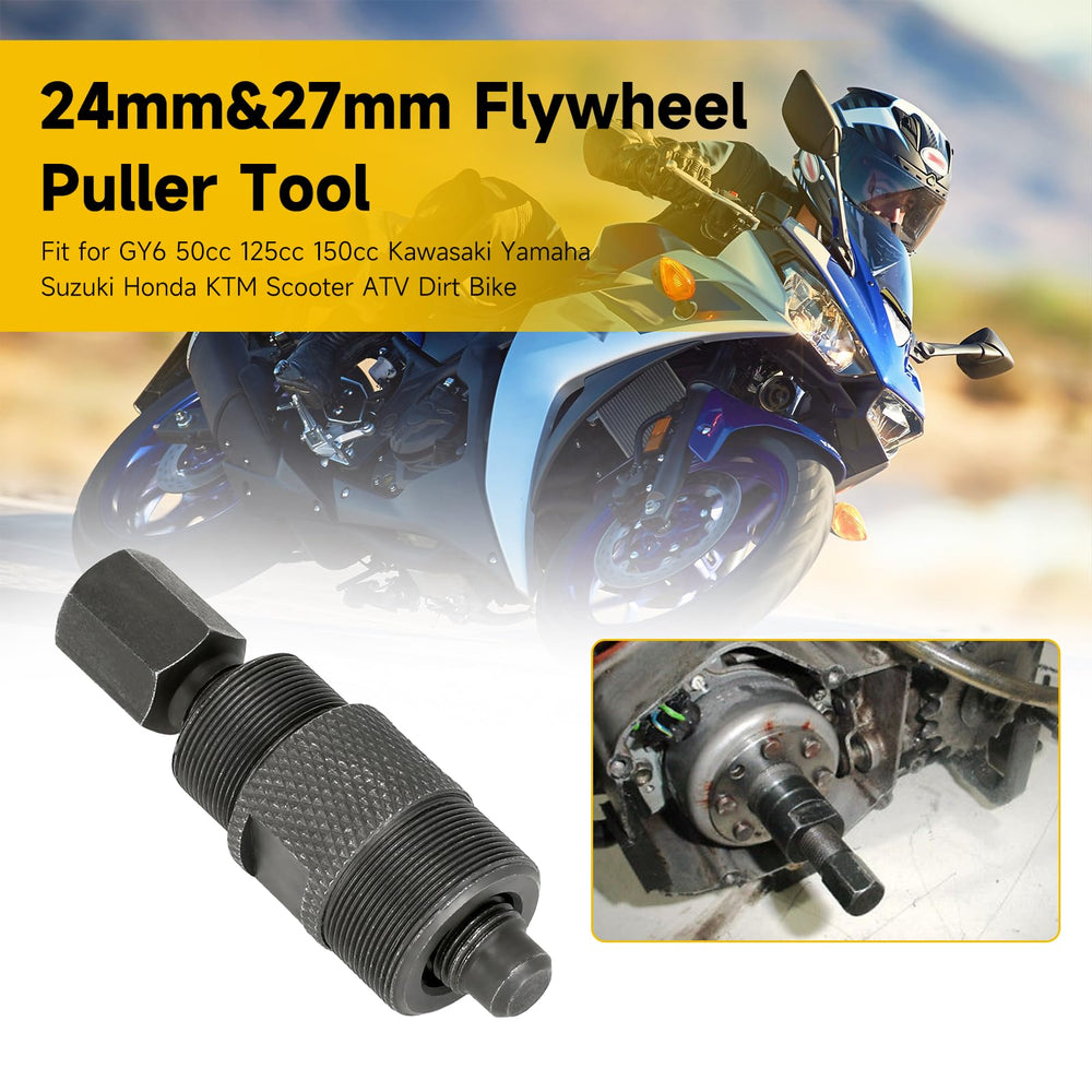 HIAORS flywheel puller in use on a scooter demonstrating safe removal