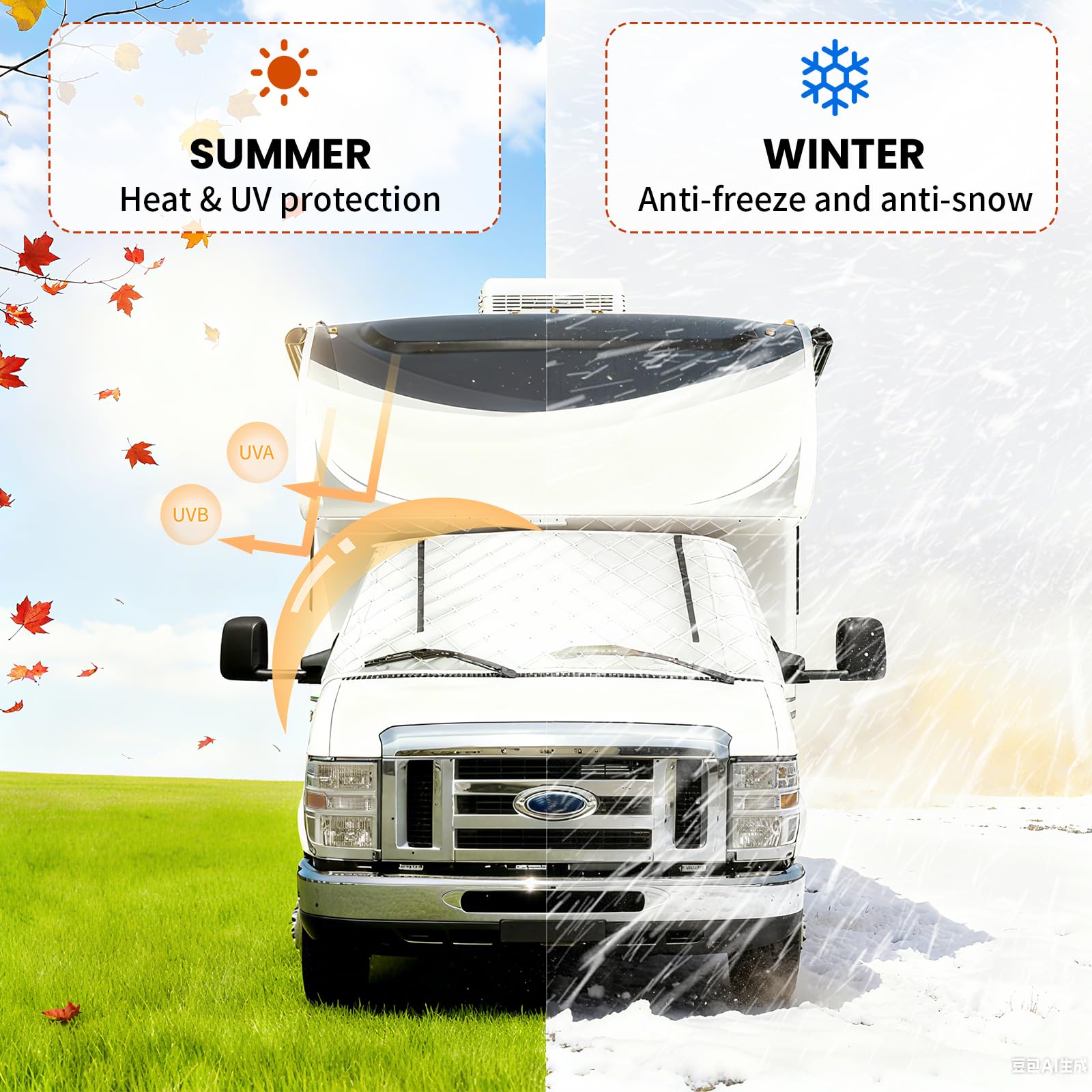 HICOVER installed on a Ford E450 at a snowy campsite reducing scraping time