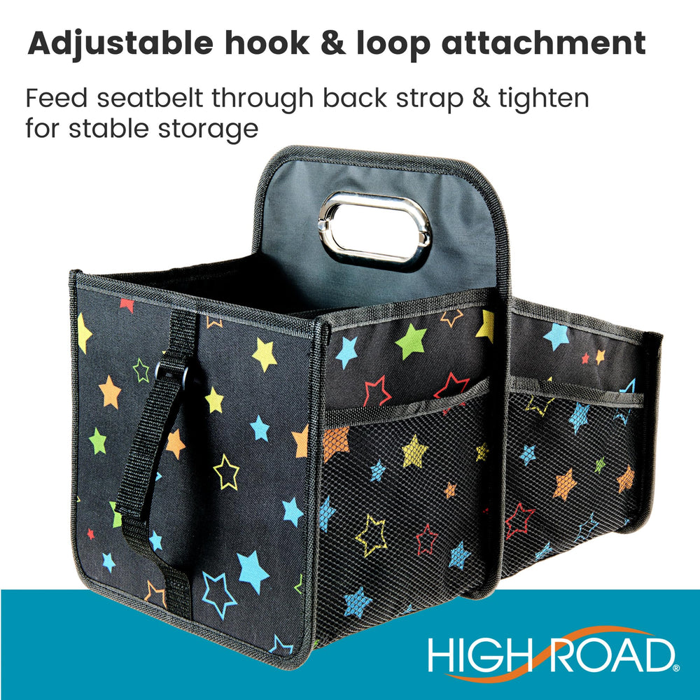 High Road adjustable seatbelt strap securing caddy to car seat safely