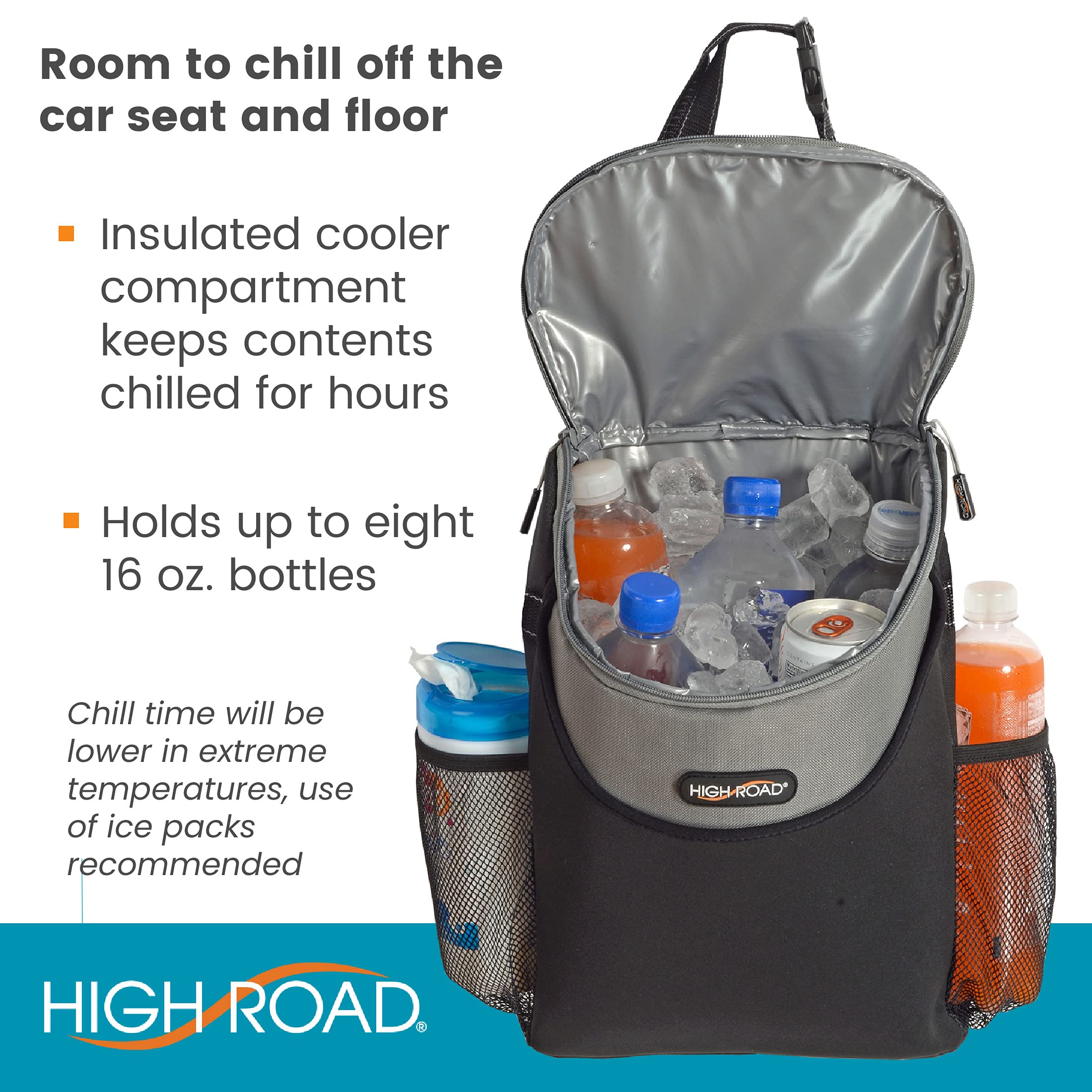 High Road hanging from headrest in car showing universal fit and hands-free accessibility