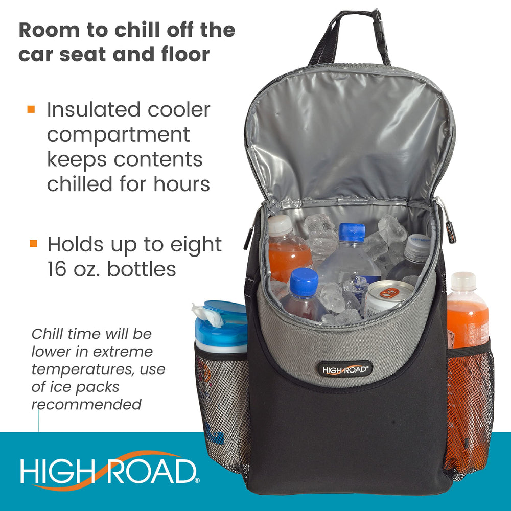 High Road hanging from headrest in car showing universal fit and hands-free accessibility