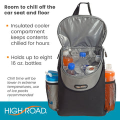 High Road hanging from headrest in car showing universal fit and hands-free accessibility
