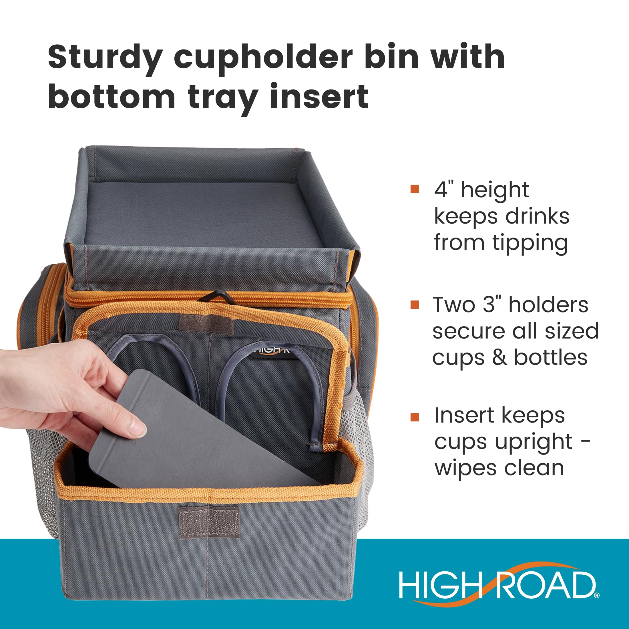 High Road cup holders and lid converting to tray for hands-free meals