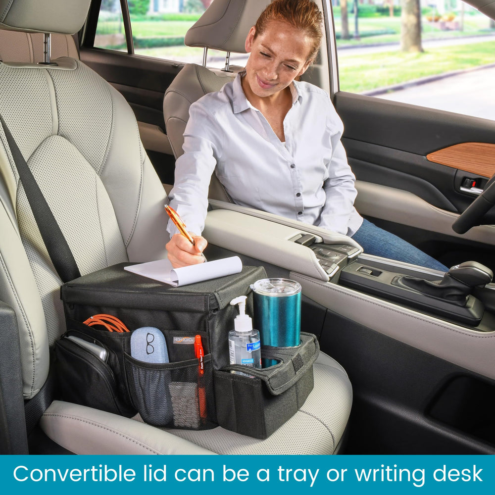 High Road on rear seat during road trip offering organized snacks