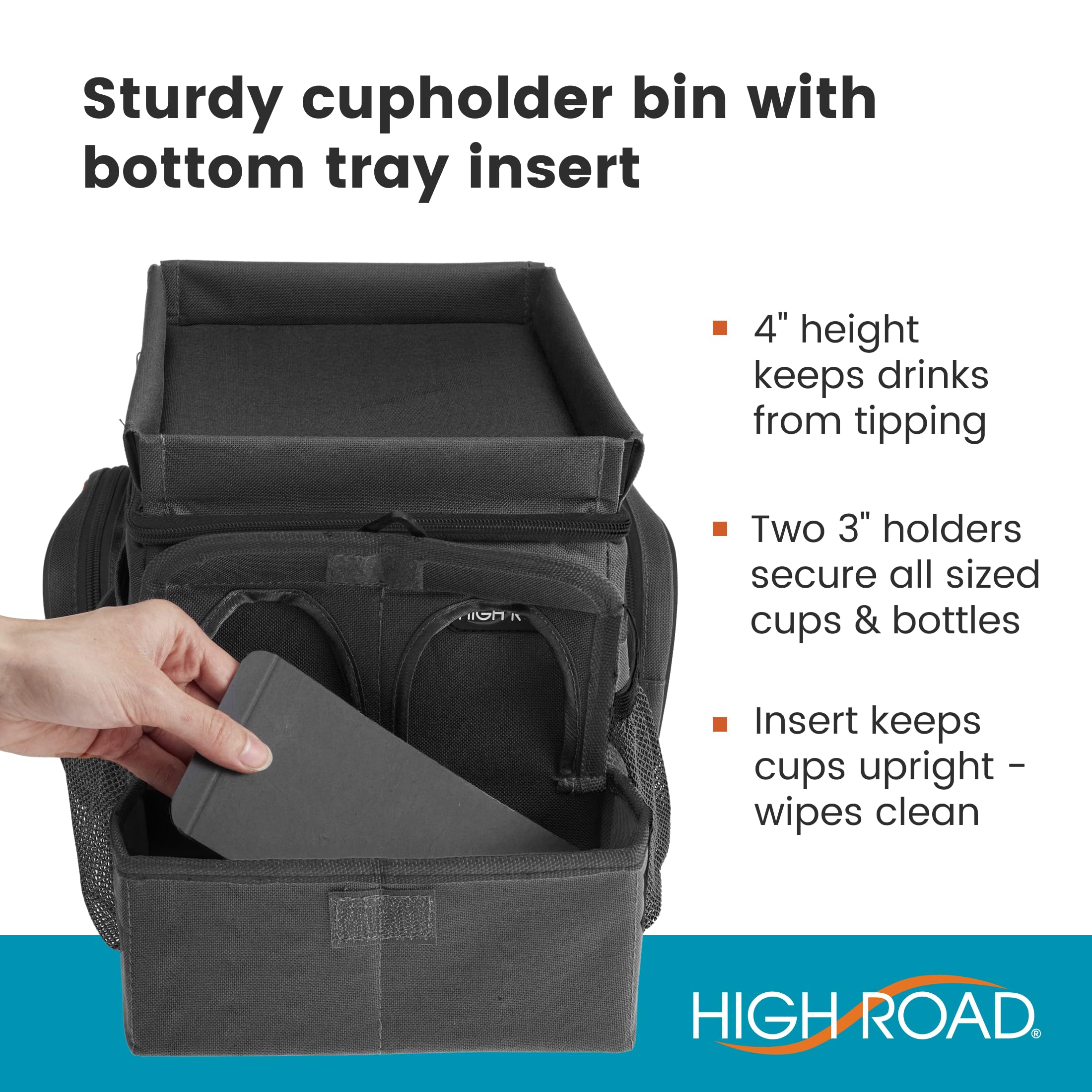 High Road secured to car seat with strap demonstrating in‑car stability