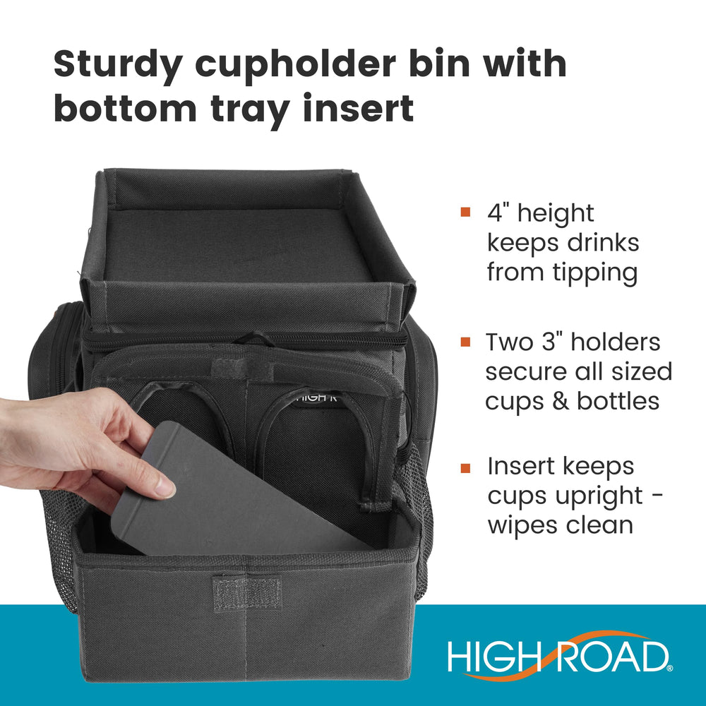 High Road secured to car seat with strap demonstrating in‑car stability