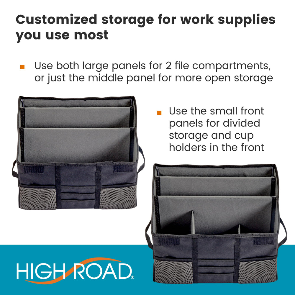 High Road interior showing divider panels arranged to separate files and store supplies