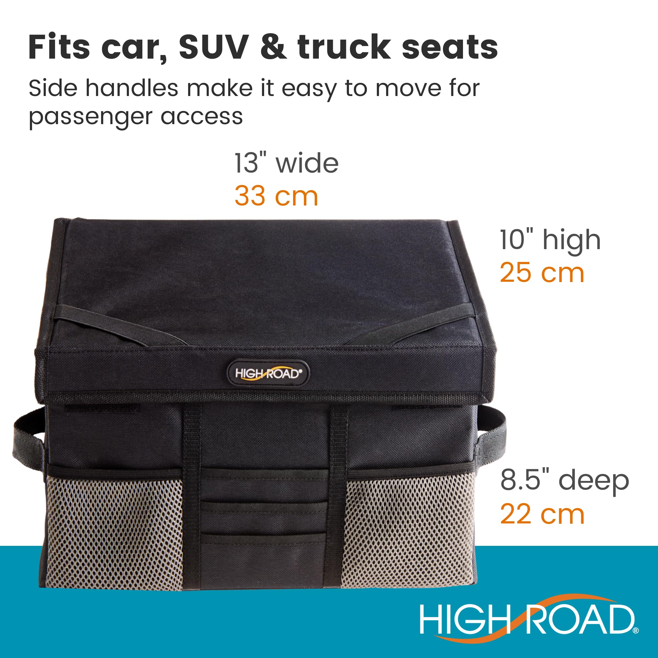 High Road secured to seatbelt in driver-facing setup for stable mobile workstation