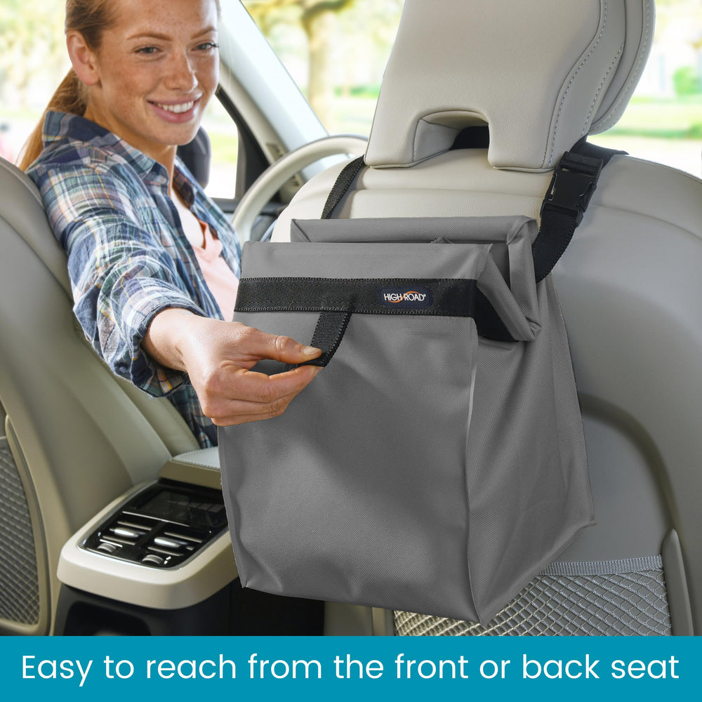 High Road TrashStash hanging on backseat headrest for organized rear passenger convenience