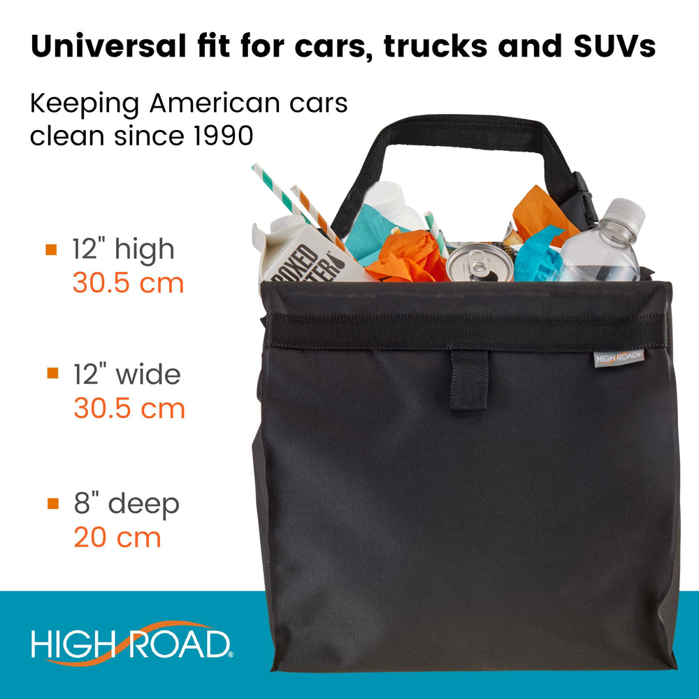 High Road TrashStash next to seat showing scale and space-saving benefit