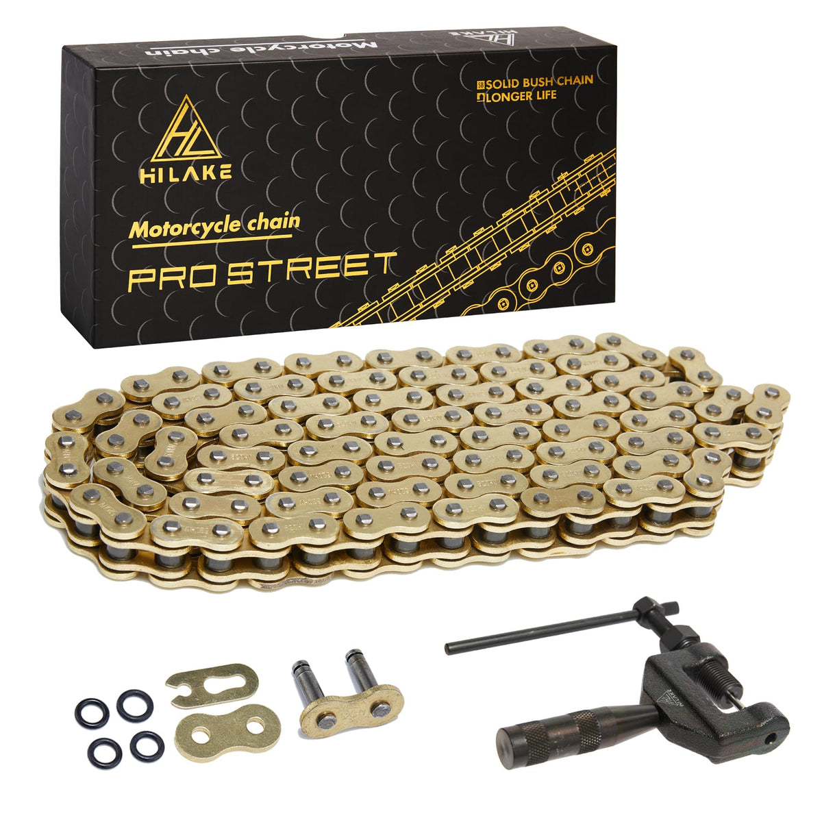 HILAKE 520 chain front packaging showing full 110-link kit and benefits