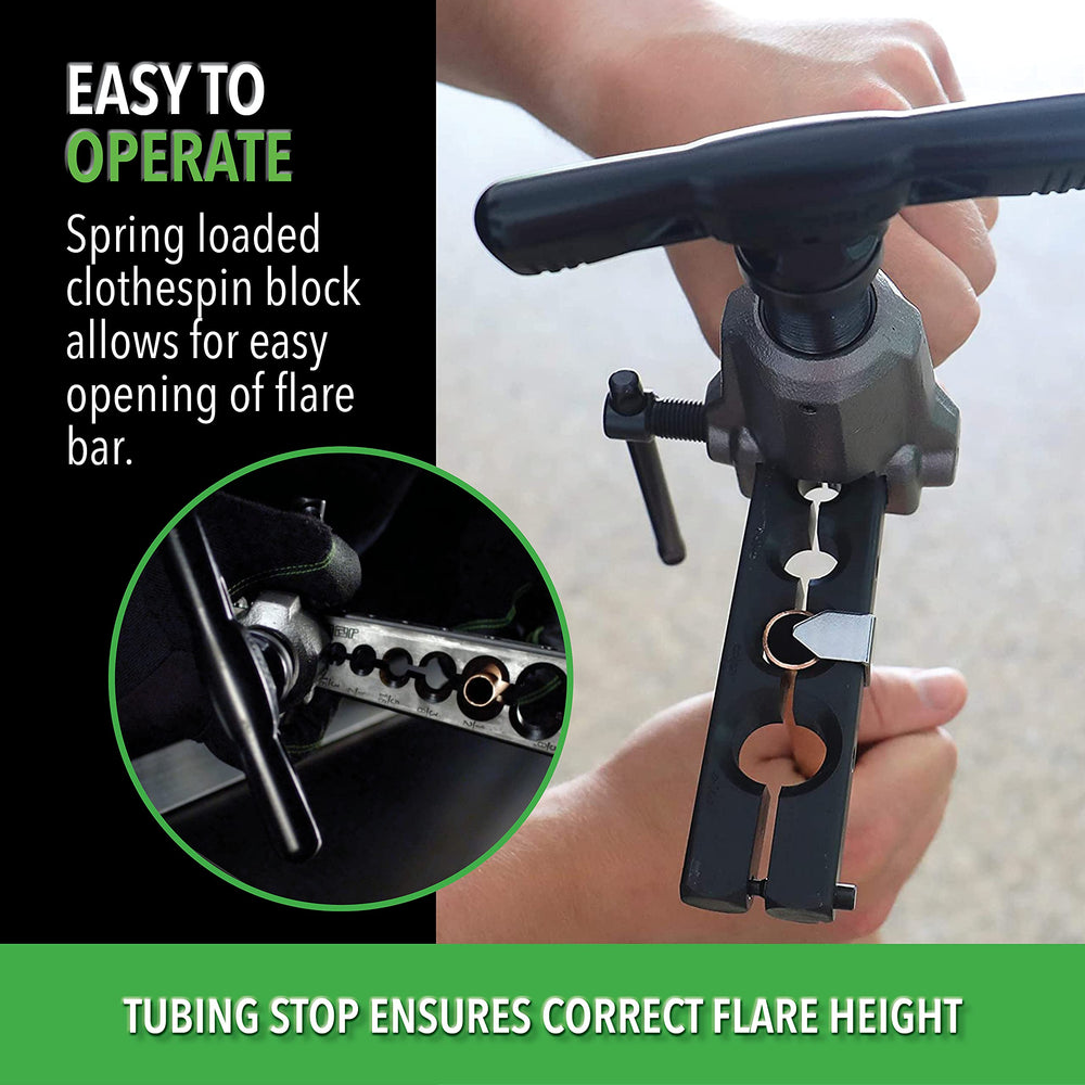 Hilmor orbital flare clamp detail showing spring block for faster work