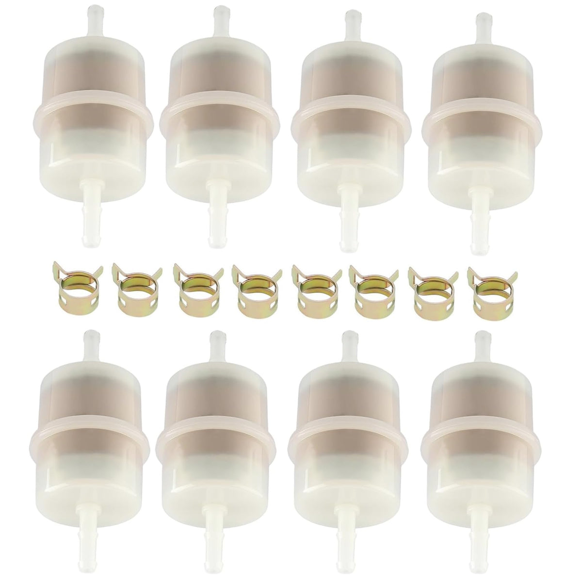 Hippotech front view of eight-pack fuel filters showing clear bodies and clamps, ensures ready replacement