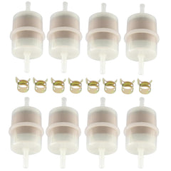 Hippotech front view of eight-pack fuel filters showing clear bodies and clamps, ensures ready replacement