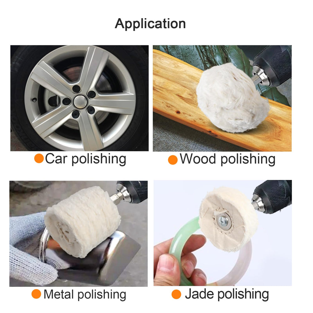 Hiqalty cotton wheel mounted on 1/4 inch hex shaft ready for fast drill attachment
