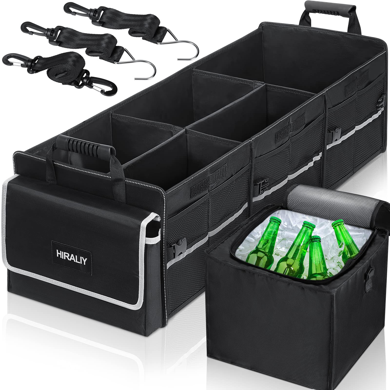 HIRALIY front view of trunk organizer showing capacity and construction for better organization