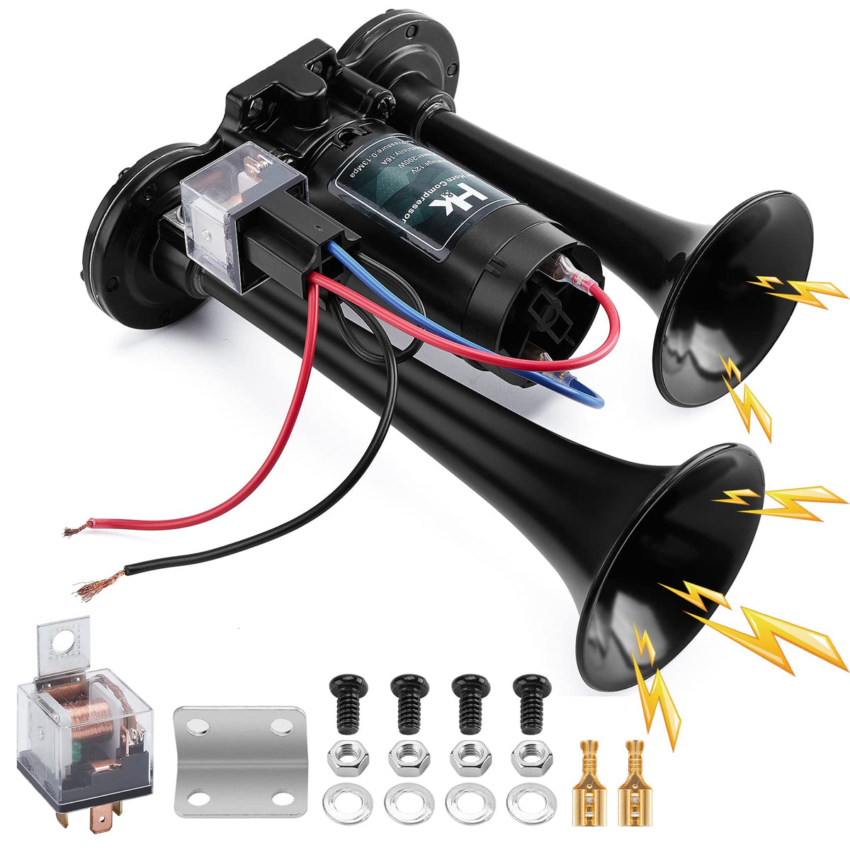 HK dual trumpet front view showing loud, durable horn for strong alerts