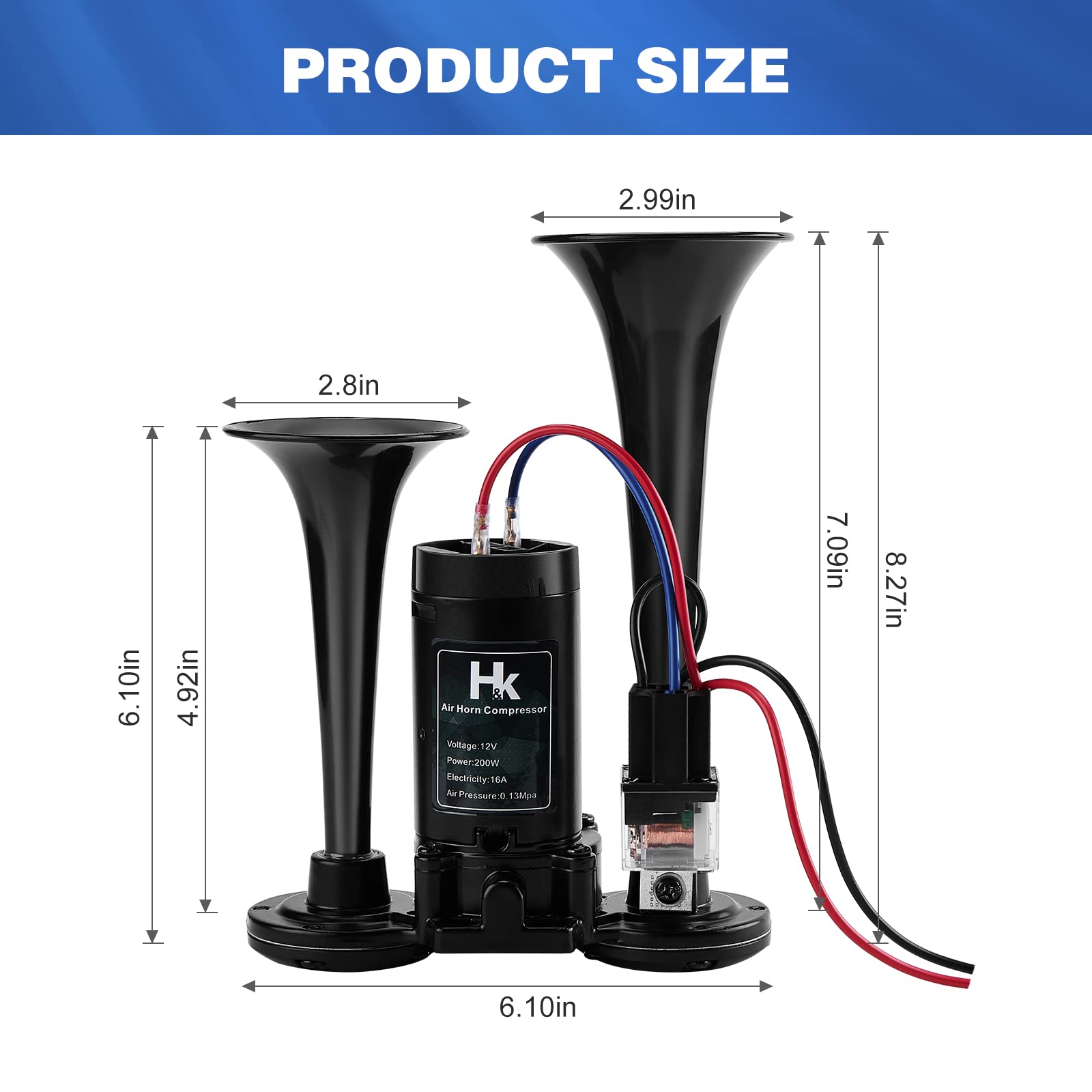HK horn size comparison with hand showing compact, powerful design