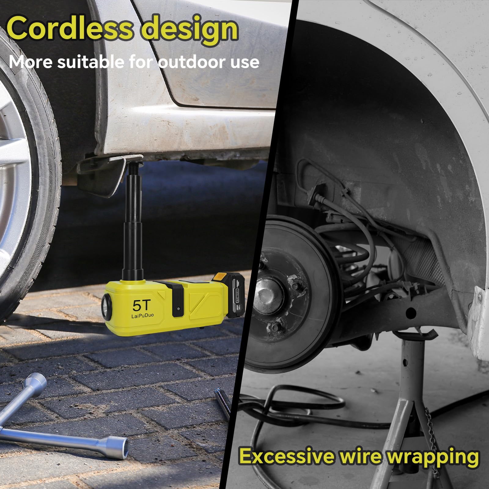 HLiePiHa jack lifting a car with wheel removed offering hands-free tire-change advantage