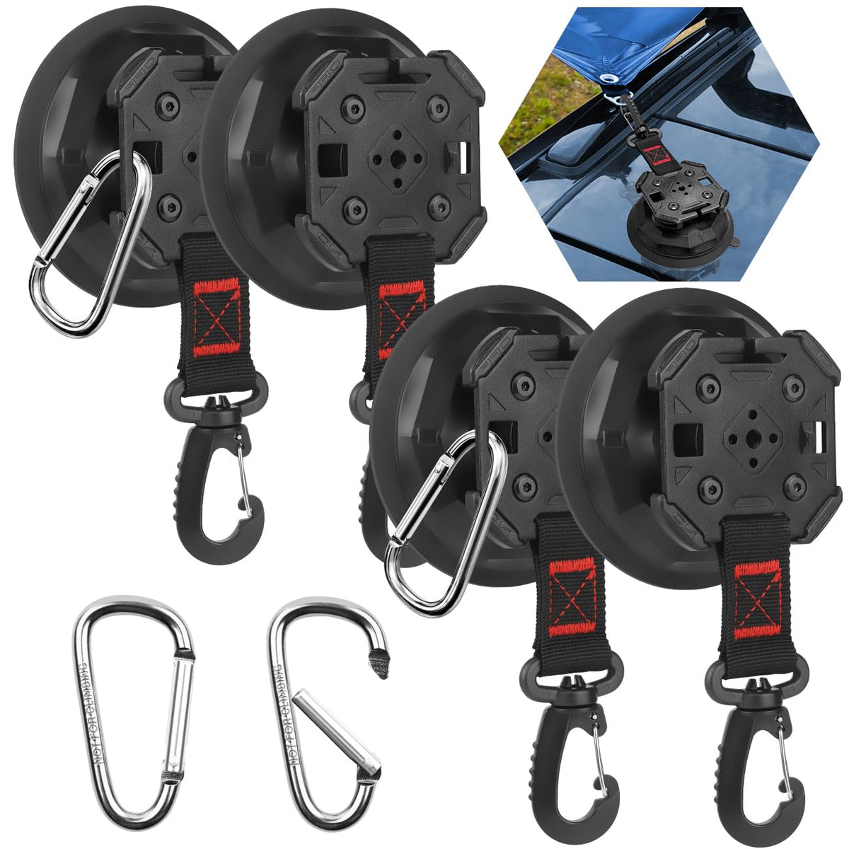 HLOGREE front view showing four suction hooks and buckles for versatile mounting