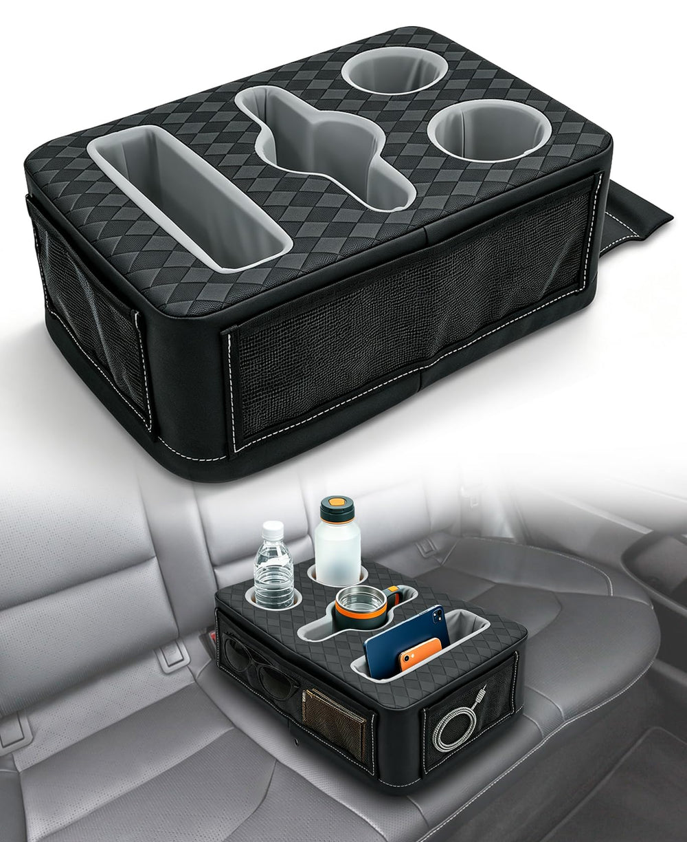 HmmtyRack front view of organizer showing three cup holders and pockets, prevents spills