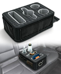 HmmtyRack front view of organizer showing three cup holders and pockets, prevents spills