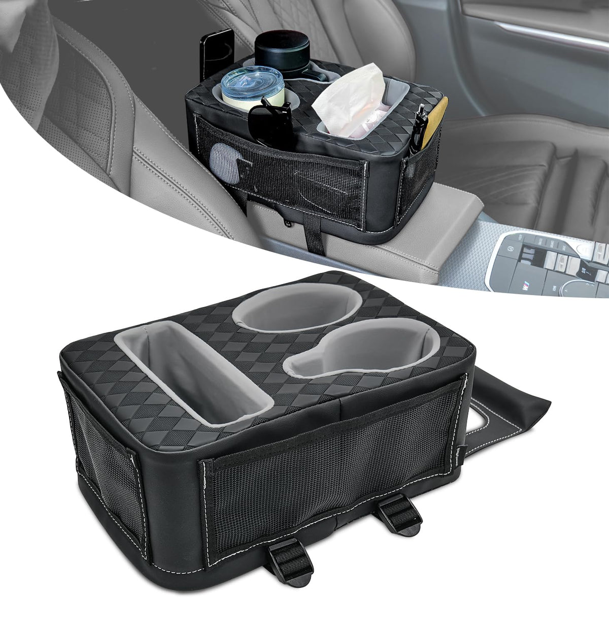 HmmtyRack front view showing organized cup holders and pockets for tidy ride