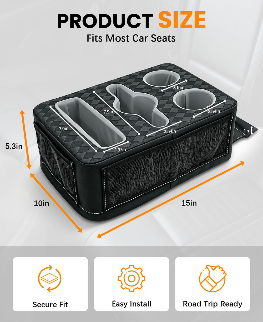 HmmtyRack tray handle fitted between car seats, secures organizer quickly and easily