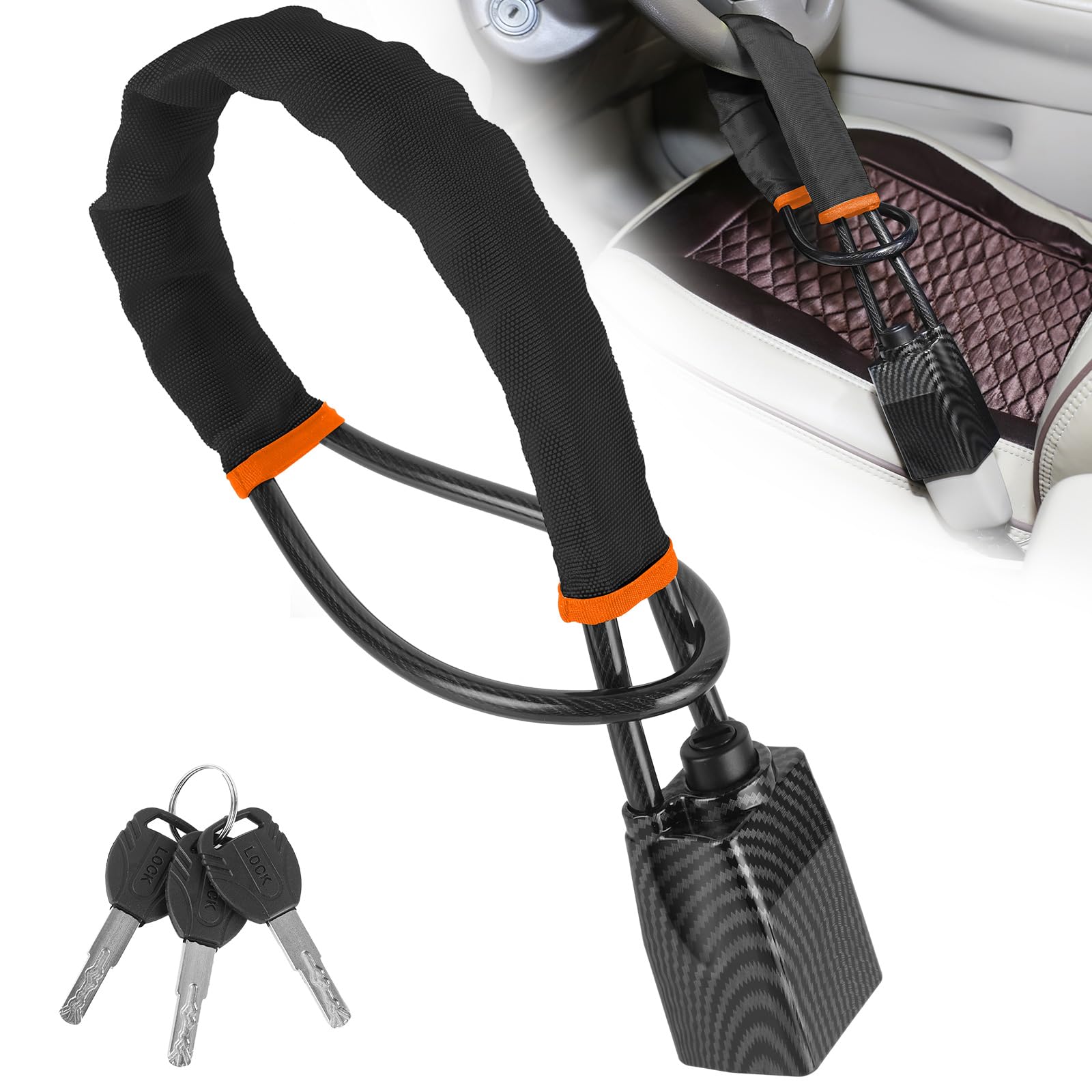 HMYMYHM front view of the steering wheel and seatbelt lock showing deterrent design and durability