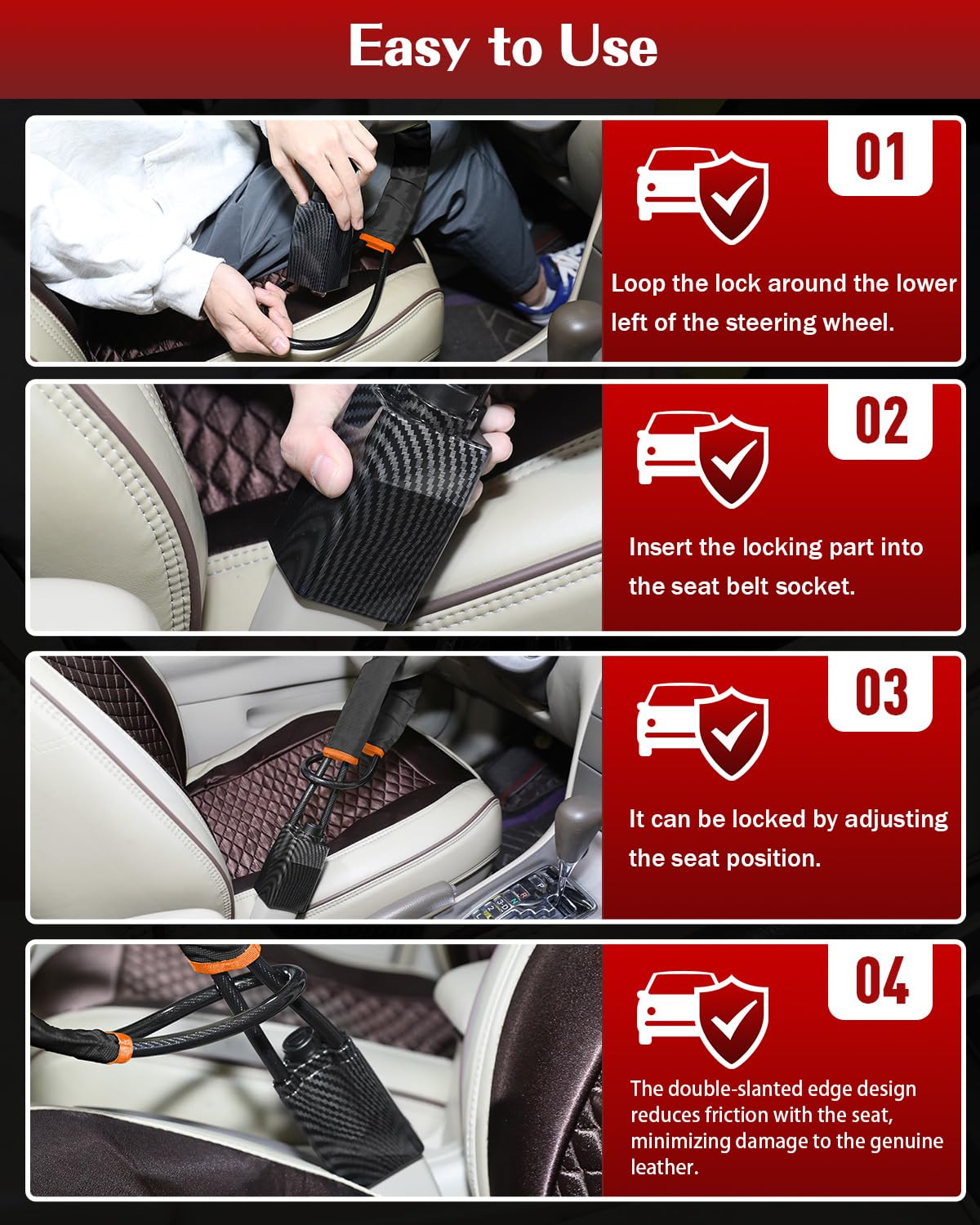 HMYMYHM lock installed on a steering wheel demonstrating quick setup and visible theft deterrent