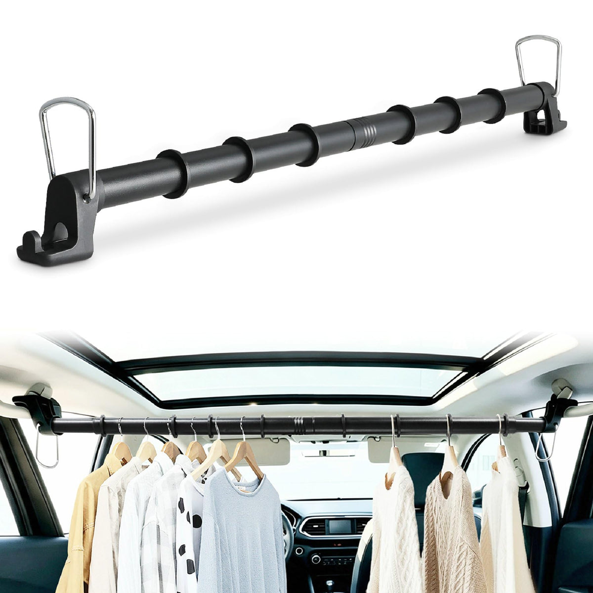 Hoapavi rod installed across rear seat keeps clothes wrinkle-free
