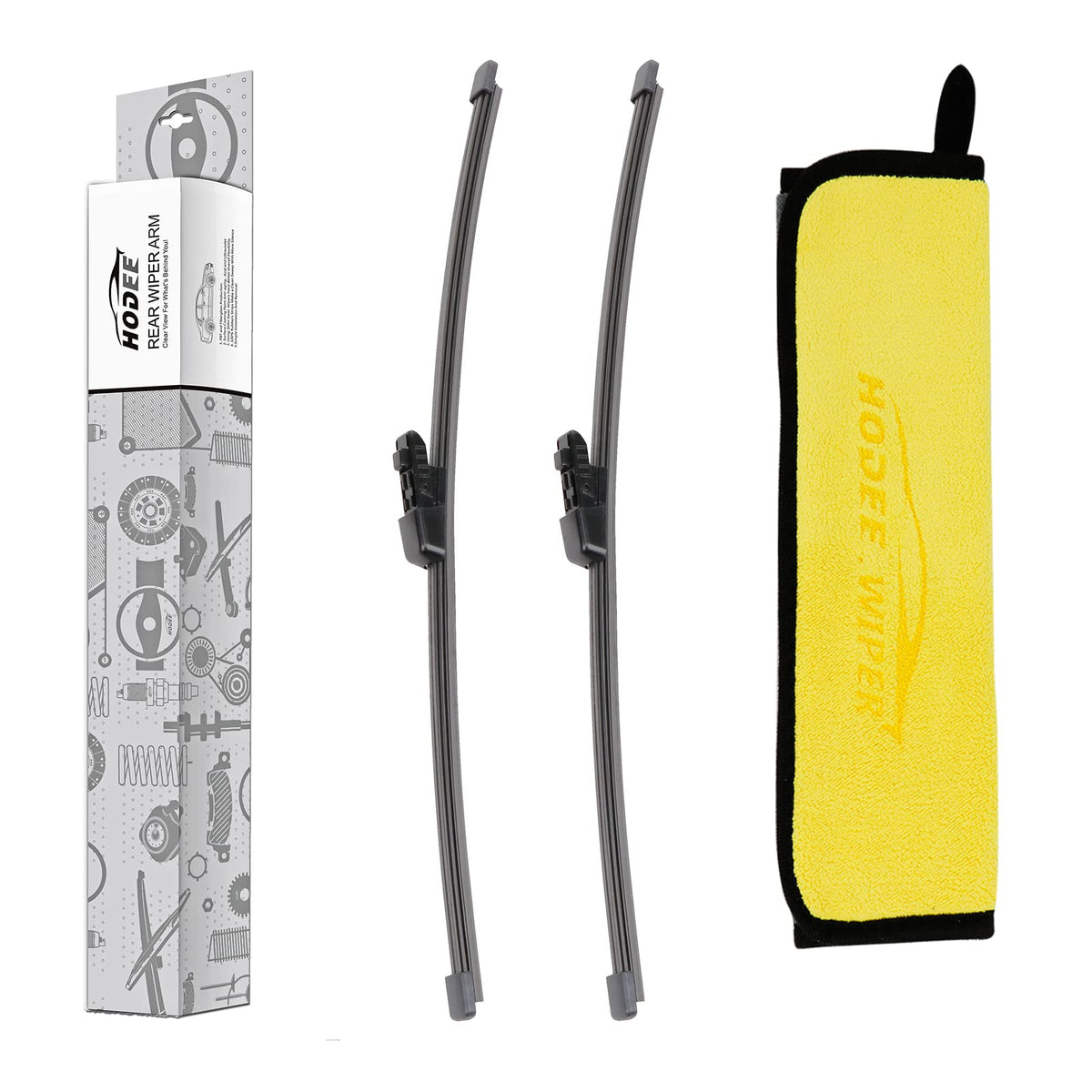 HODEE rear wiper blade front packaging showing fitment and included towel benefit