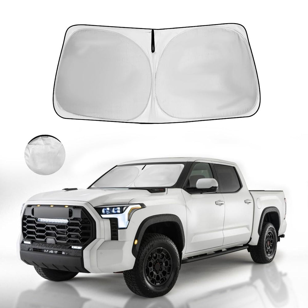 HOHUIGO front fit on Tundra windshield showing precise coverage and sun protection