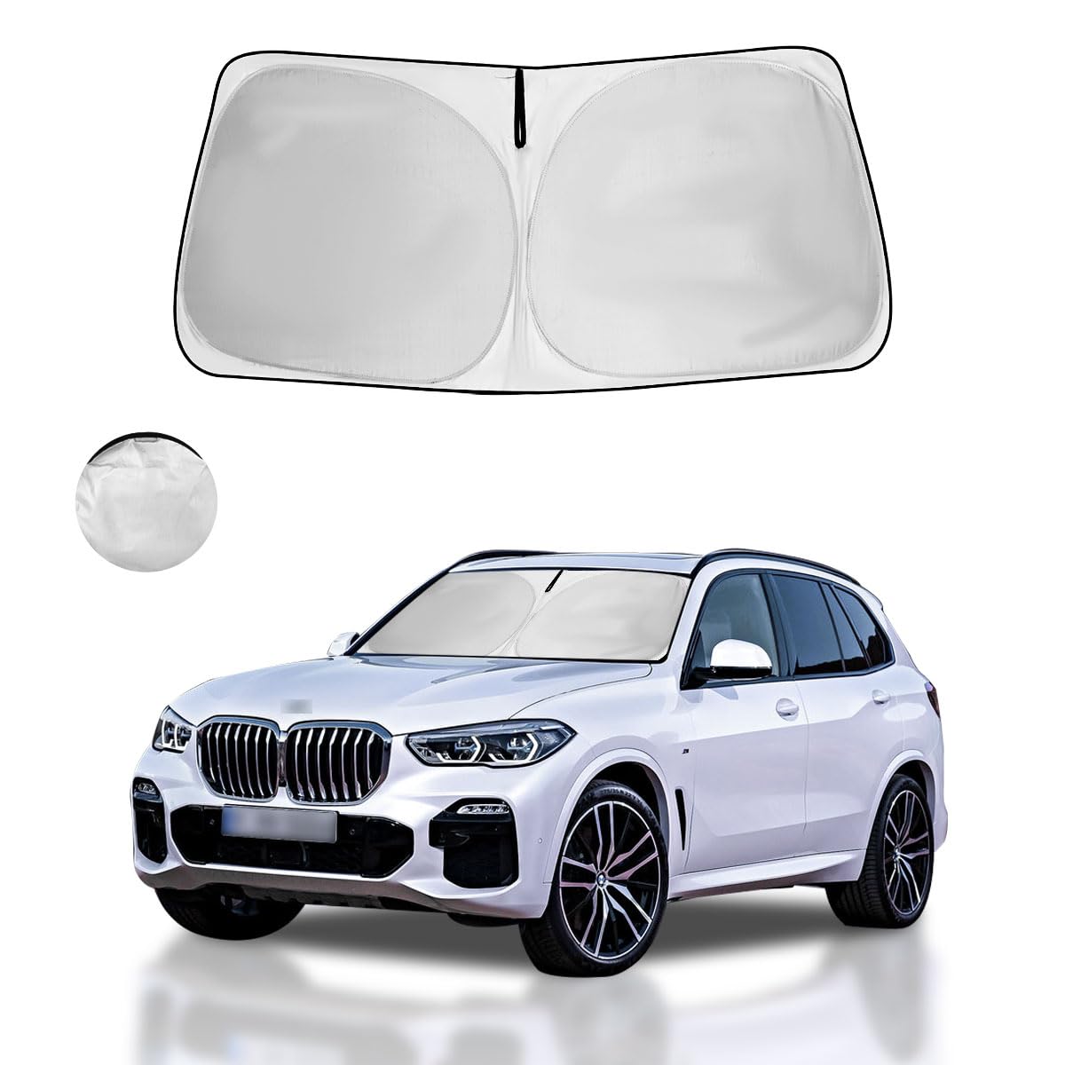 HOHUIGO front view of sun shade fitted in BMW X3 windshield, provides full coverage