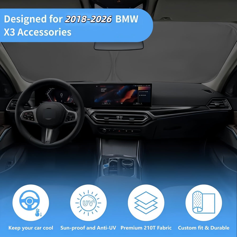 HOHUIGO lifestyle scene with parked BMW X3 and shade, reduces interior UV exposure