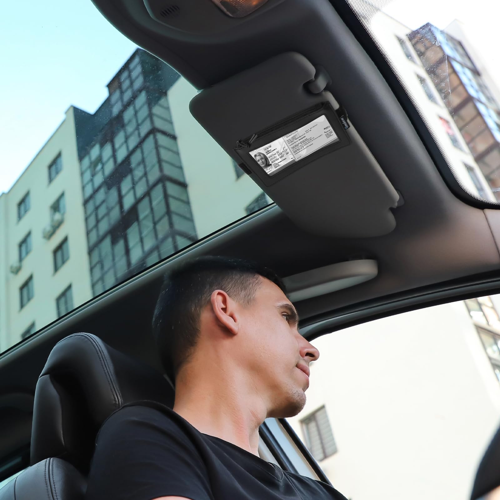 Homakover on dashboard with steering wheel showing organized cabin benefit