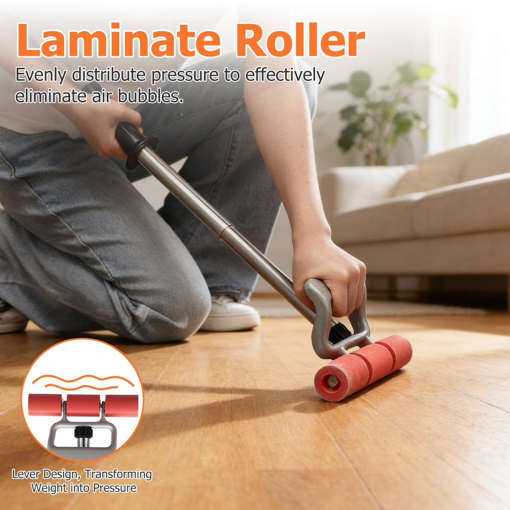 HOME RIGHT roller in use on LVP floor shows efficient bubble removal and adhesion