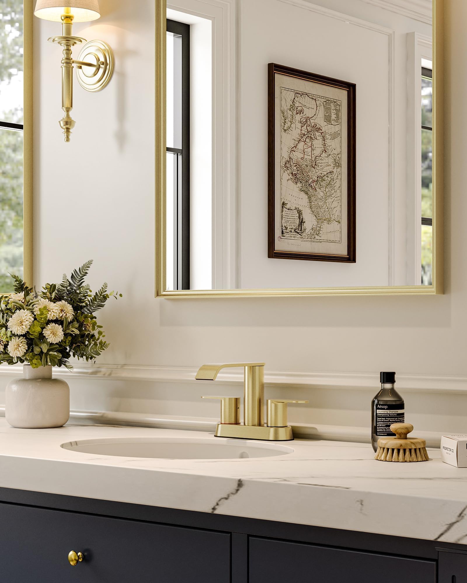Homevacious faucet on vanity with ruler for scale showing compact fit benefit