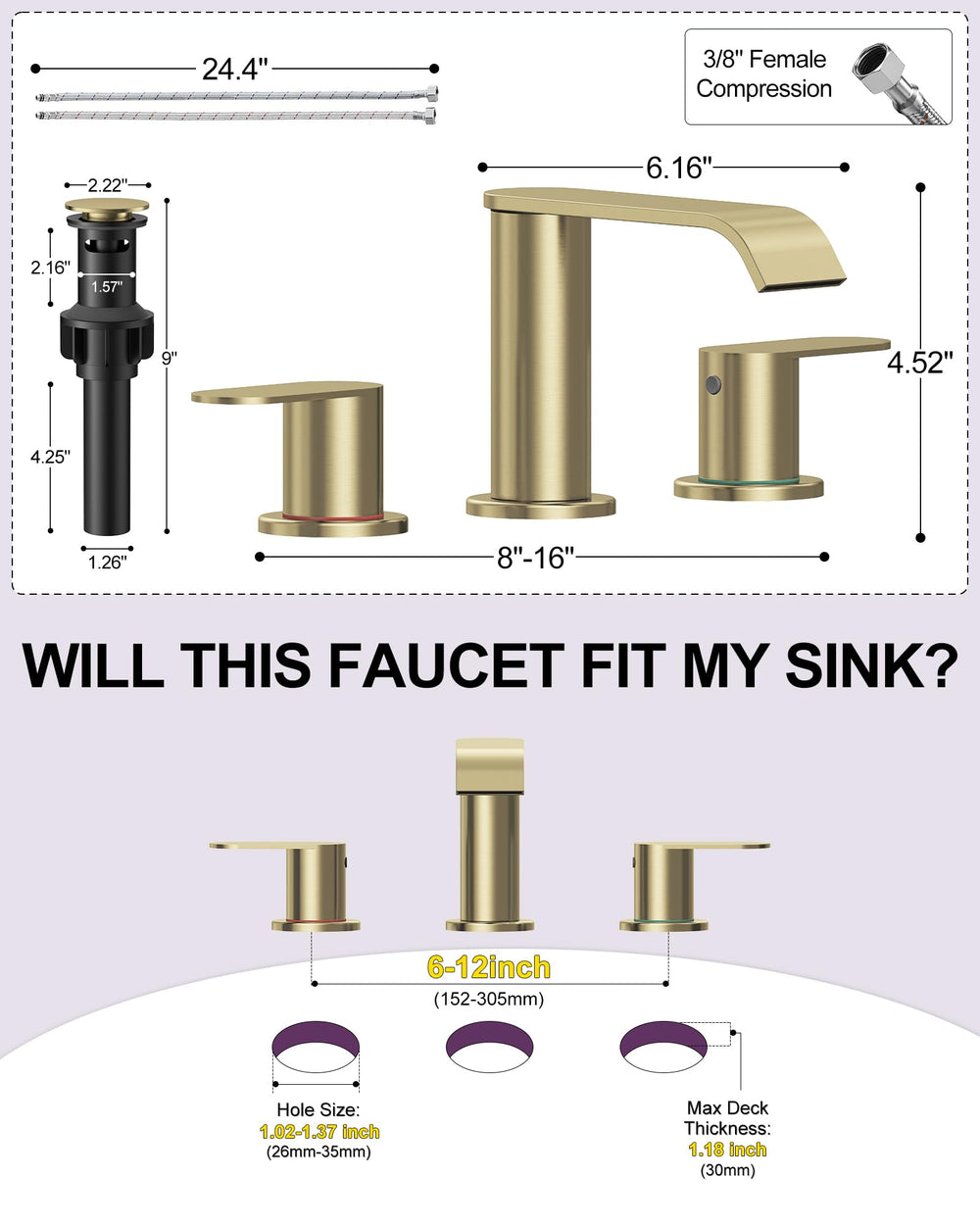 Homevacious detail of dual handles in brushed gold offering precise temperature and flow control