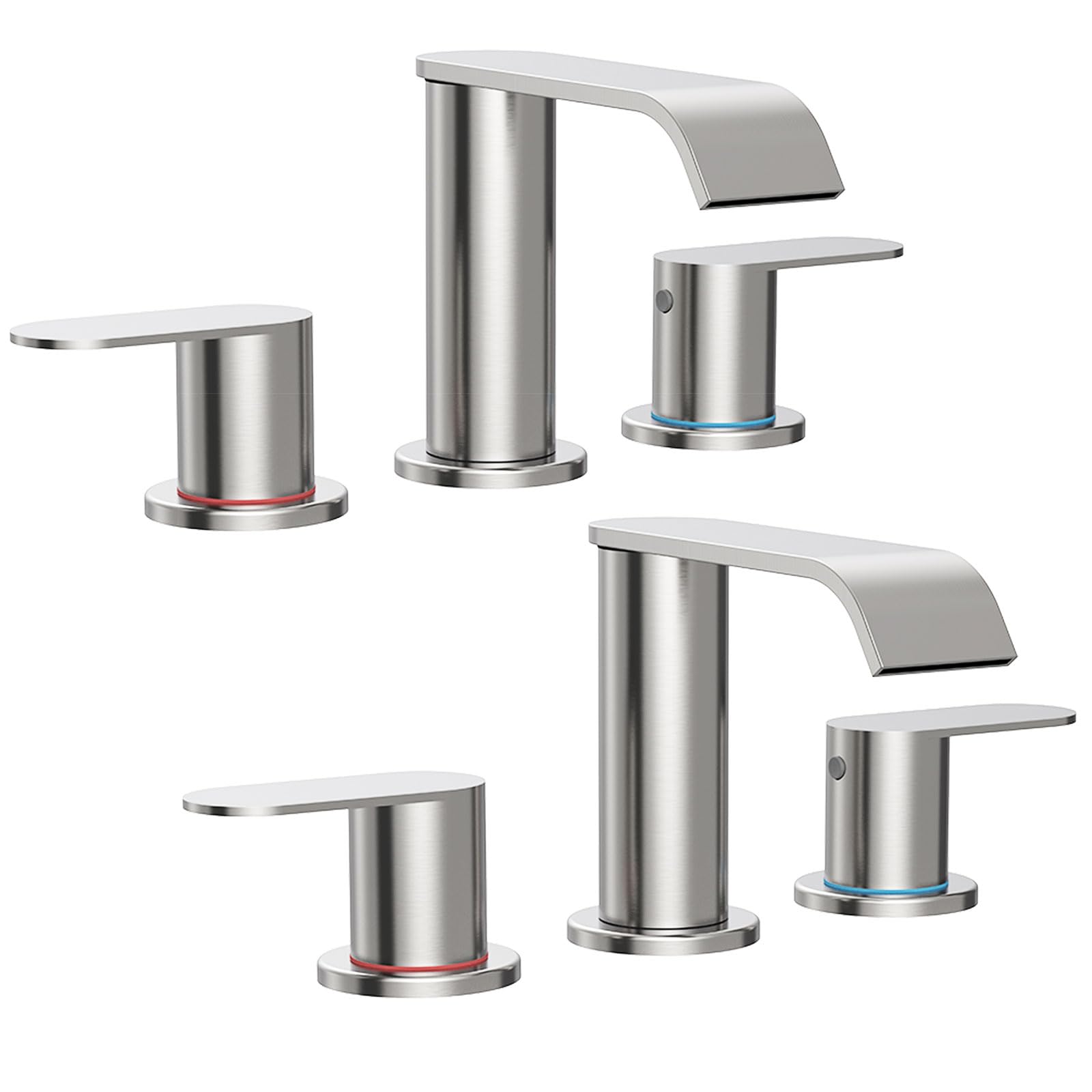Homevacious front view showing waterfall spout and brushed nickel benefit: modern look