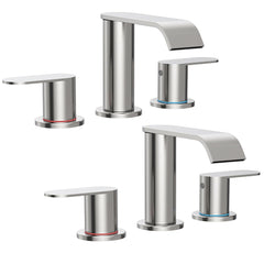 Homevacious front view showing waterfall spout and brushed nickel benefit: modern look