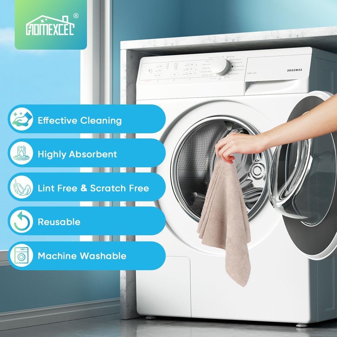 HOMEXCEL in a garage wiping tools showing workshop-ready cleaning use