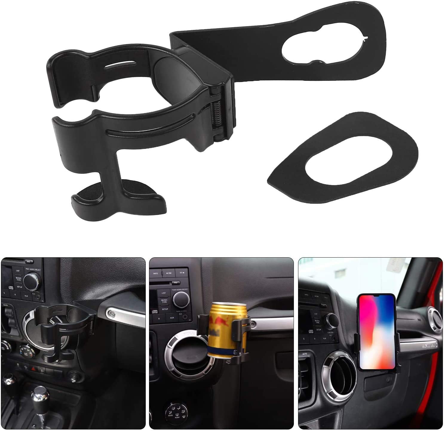 Hooke Road front view installed in Jeep Wrangler JK showing organized cup and phone benefit