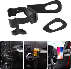 Hooke Road front view installed in Jeep Wrangler JK showing organized cup and phone benefit