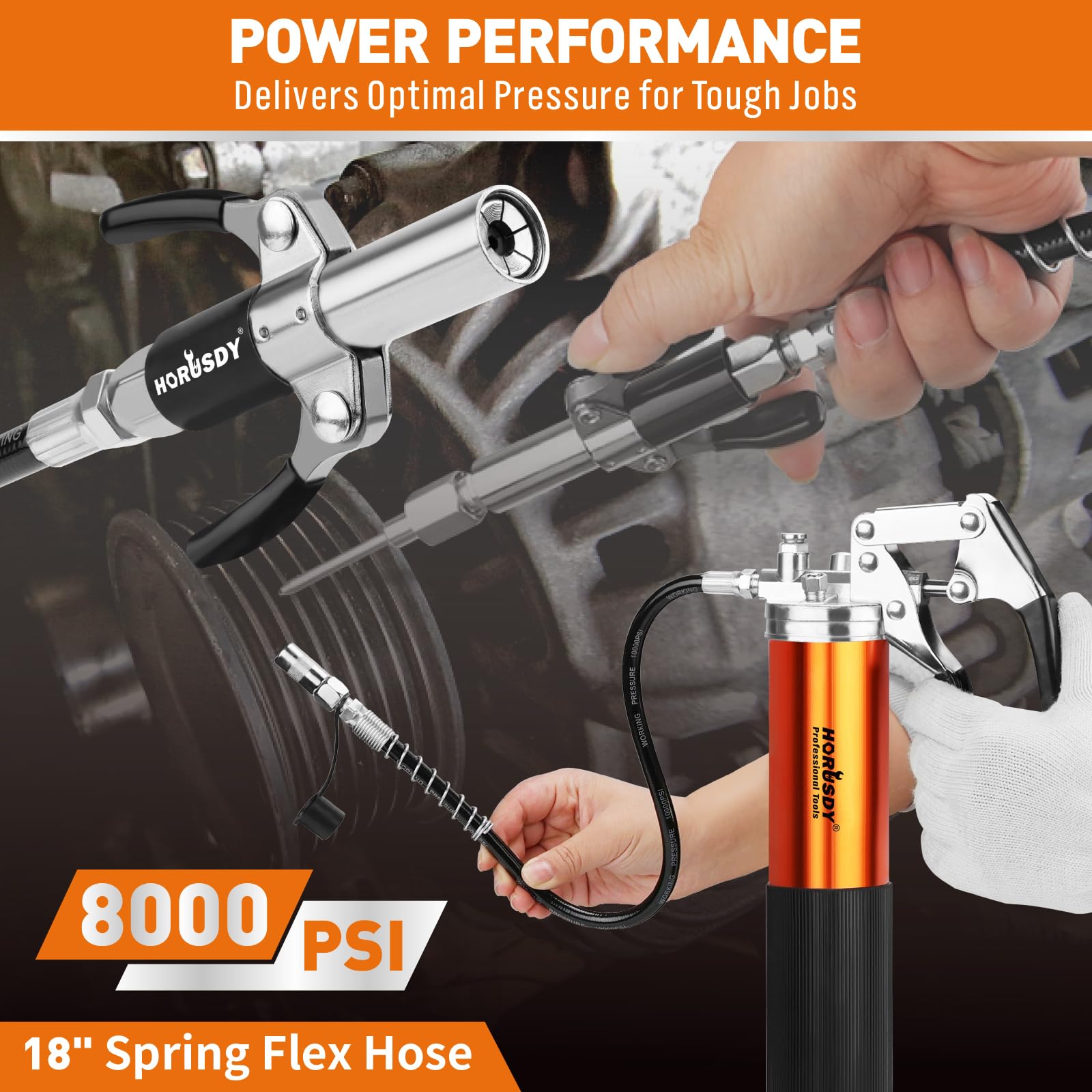 HORUSDY ergonomic pistol grip detail reduces hand fatigue and improves control during pumping